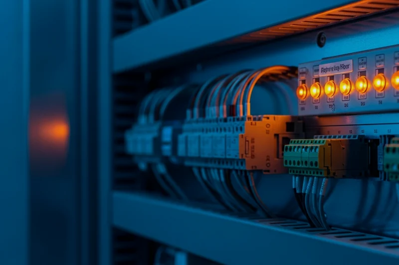 Inside a control cabinet: combed wiring looms, DIN-rail terminals and amber status indicators.