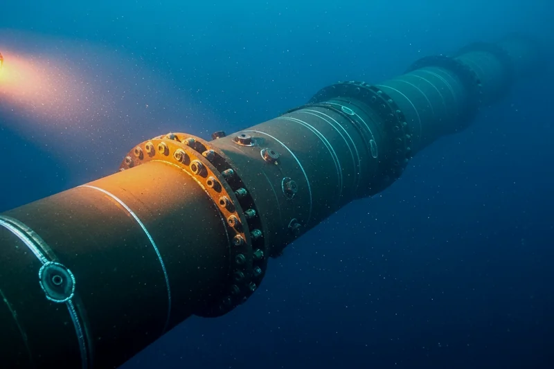 A subsea pipeline lit by a single survey lamp, weld seams and anode collars visible.