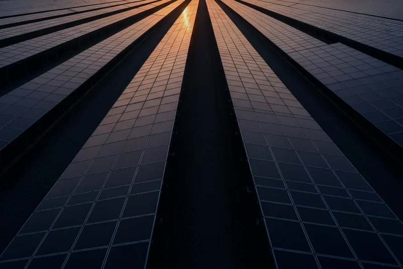 Rows of ground-mounted solar panels at dusk, seen from above along a service track.