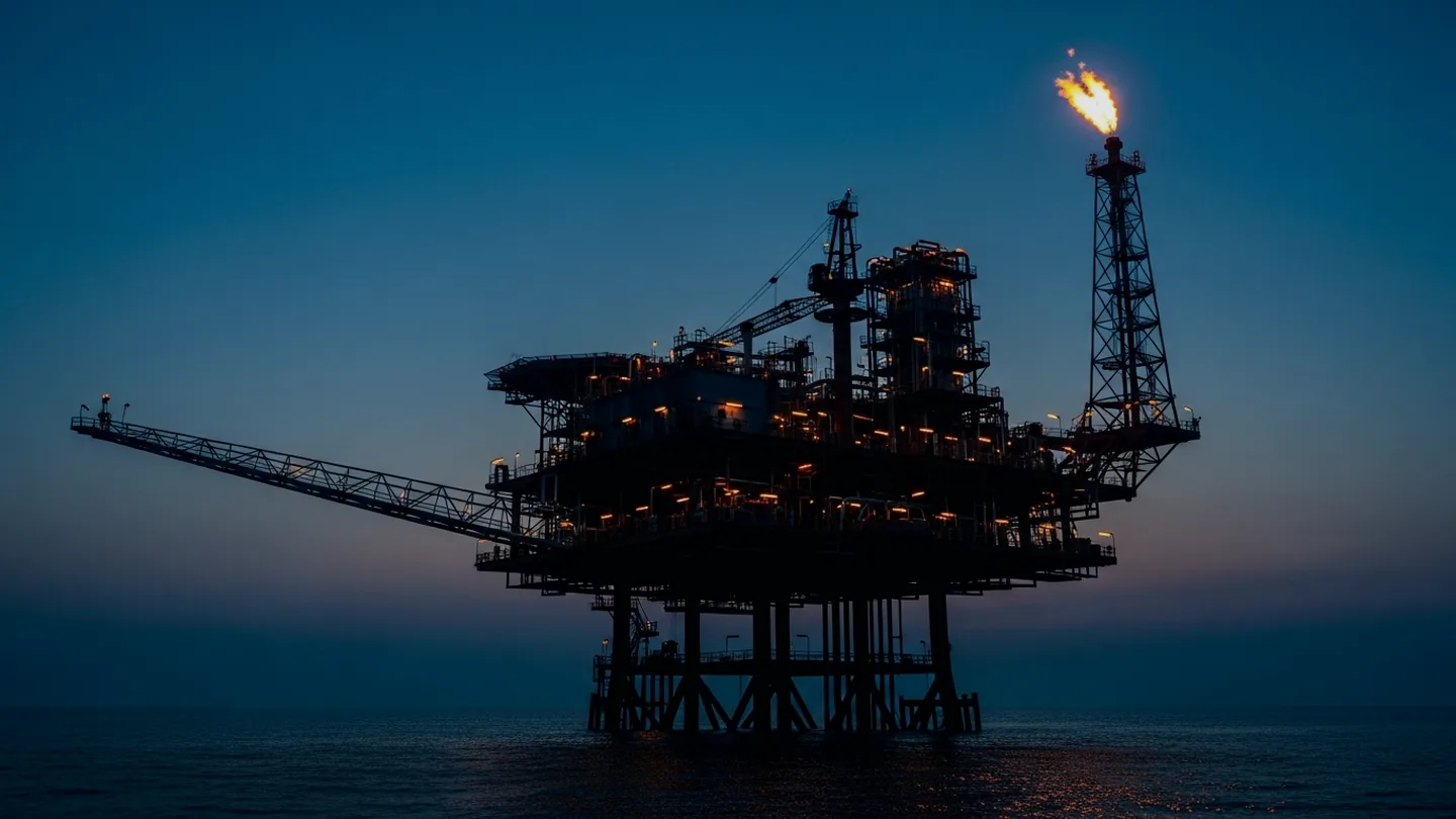 An offshore gas production platform at blue hour, its deck picked out by amber work-lights.